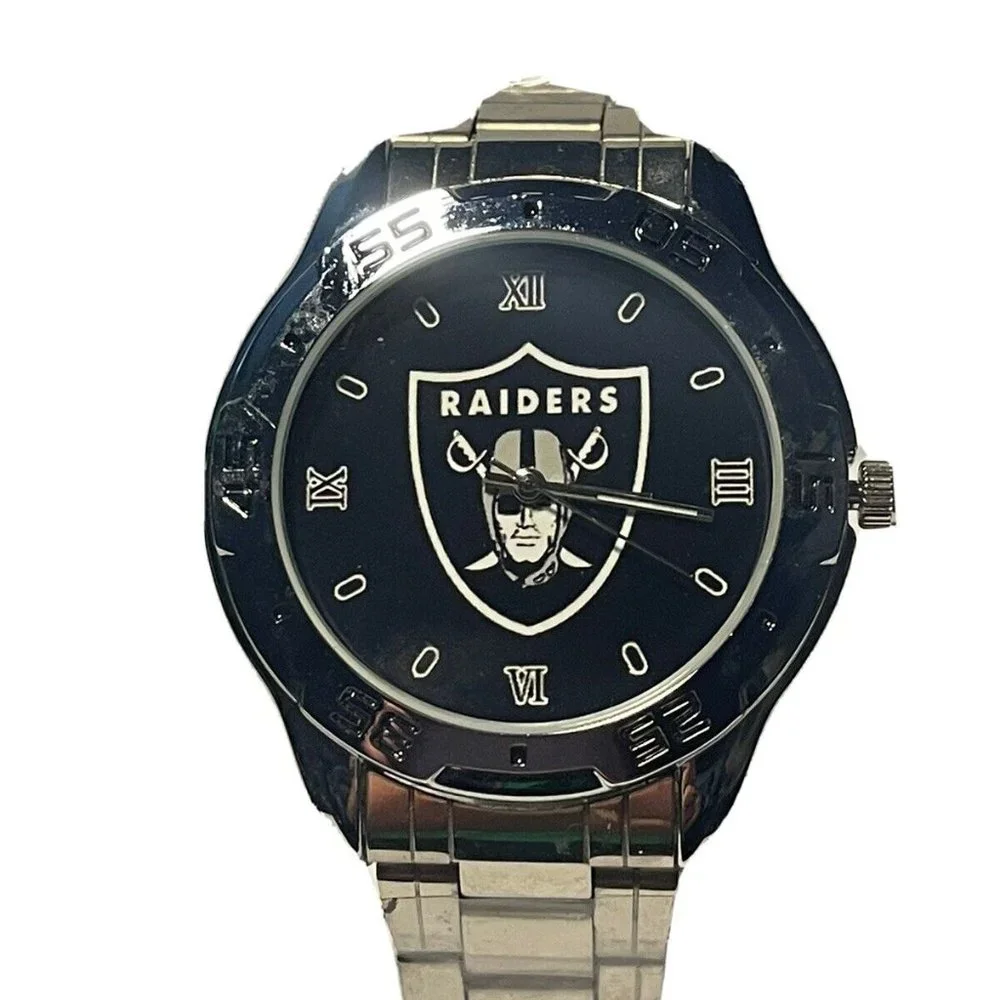 Oakland Raiders NFL Team Logo Stainless-Steel Link Silver Men's Watch NEW